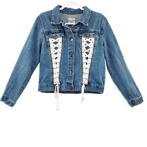 Love Tree Denim Blue Trucker Jacket 100% Cotton Long-sleeve Lace Up Women's Sz L